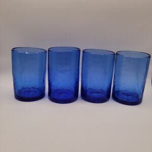 Artisan Hand Blown Blue Crackle Glass Juice Glasses Drinking Tumblers Set of 4